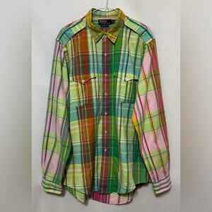 Polo Ralph Lauren 90’s Vintage Madras Plaid Trim Military Shirt 
Epaulets XL